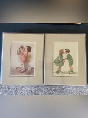 Vintage Children Illustration Wall Art - Beige Mat, Green & Pink Prints